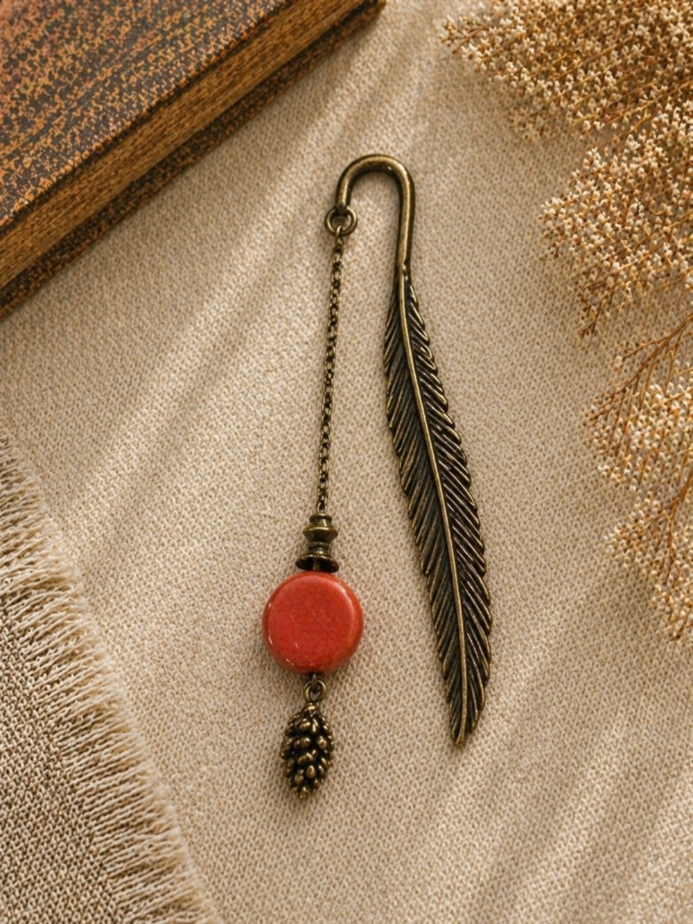 Antique Bronze Feather Bookmark Ceramic Bead Book Lover Gift